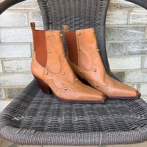 Vince Camuto Norley western leather cognac tan gold studded booties size 6